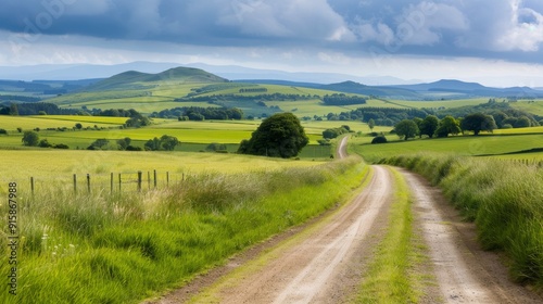 Serene Sunrise Over Lush Green Fields Along a Dirt Path in Early Morning