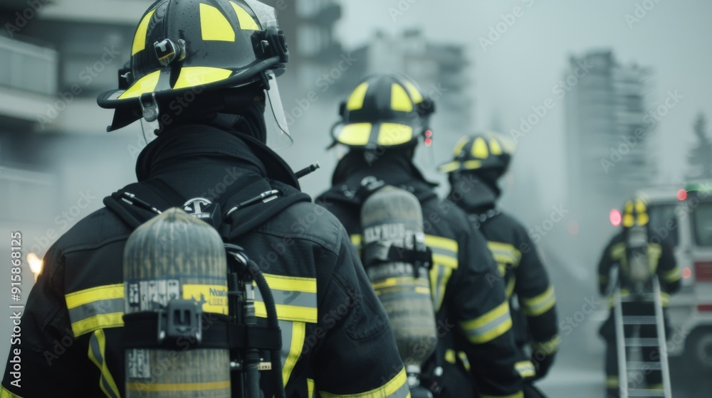 Firefighters Responding to Emergency in Urban Area During Foggy Conditions Firefighters Responding to Emergency in Urban Area During Foggy Conditions