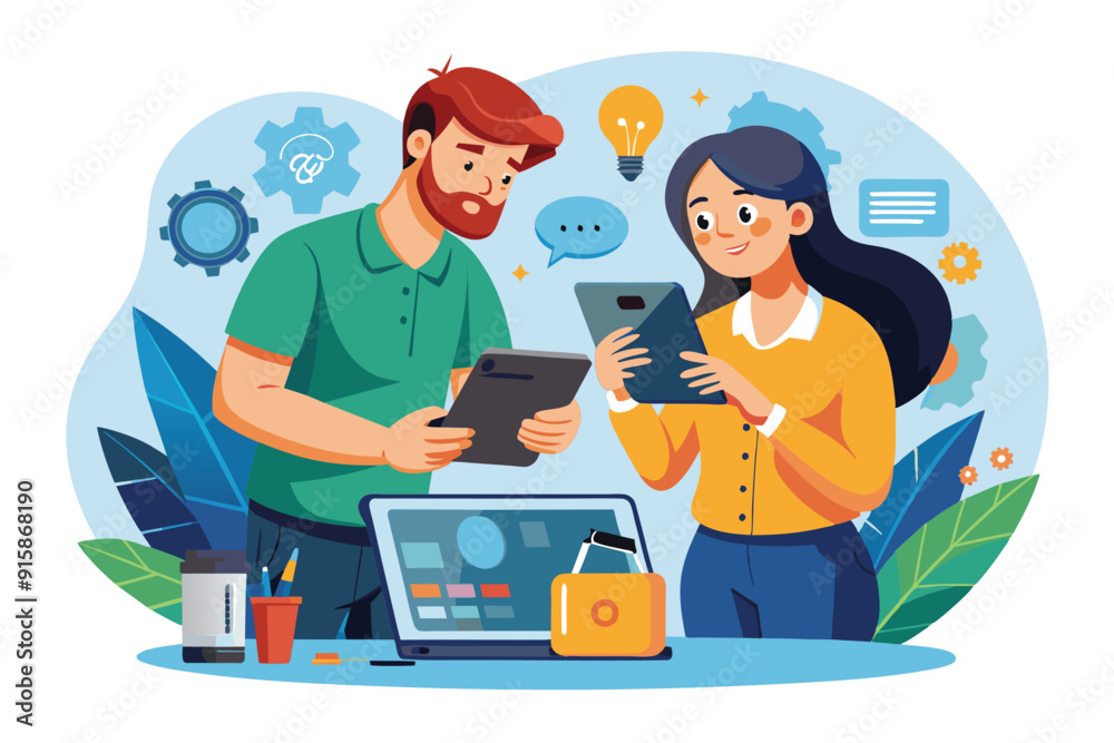 A man and woman inspect a device together, discussing repairs and solutions at a workspace filled with tools and technology A man and woman inspect a device together, discussing repairs and solutions at a workspace filled with tools and technology
