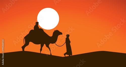 Silhouette of the Camel Trader crossing the sand to pyramid dune during sunset. Silhouette illustration of riding a Camel during sunset, desert, rajasthan, morocco, dunes, thar
 photo