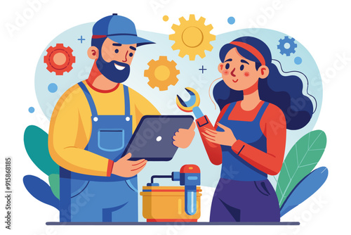 A man and woman are inspecting a device together, discussing repairs while surrounded by tools and equipment in a lively workshop