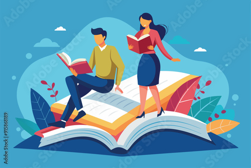 A man sits on an open book while a woman stands nearby, both deeply engrossed in their reading activities amidst a vibrant, playful backdrop