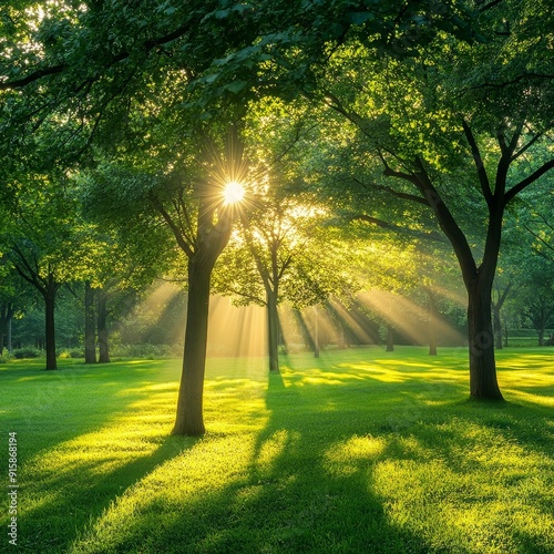 Sunrise in park  detailed leaf veins, green shades, and light spots evoking warm morning atmosphere