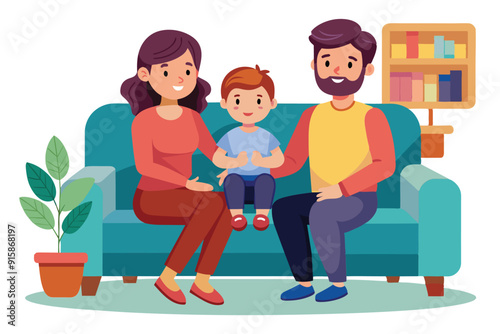 A man and woman sit on a couch with a child, engaged in conversation and sharing joyful moments in their cozy living space