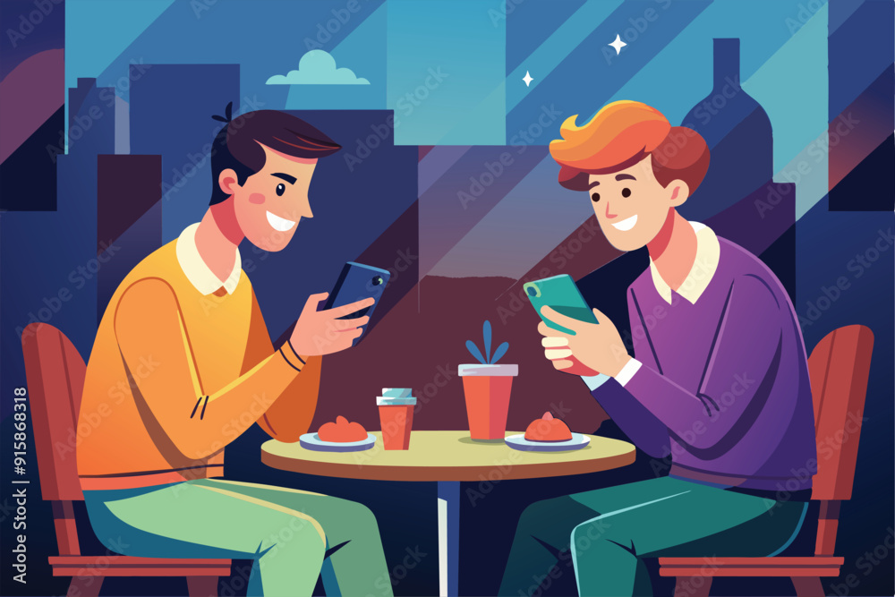 Two men are chatting happily while using their phones, seated at a small table in a café, enjoying food and drinks in a relaxed evening setting Two men are chatting happily while using their phones, seated at a small table in a café, enjoying food and drinks in a relaxed evening setting