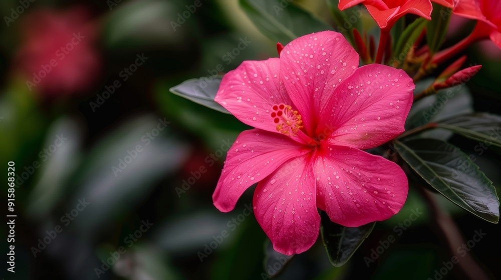 Pink Hibiscus Flower Blooming Amidst Green Leaves in Natural Light Pink Hibiscus Flower Blooming Amidst Green Leaves in Natural Light