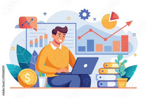 A man is focused on developing a sales strategy for his business while working on a laptop in a vibrant office filled with charts and greenery