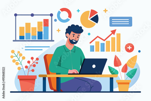 A man is focused on creating a sales strategy while analyzing graphs and data trends at his office desk, surrounded by plants and charts