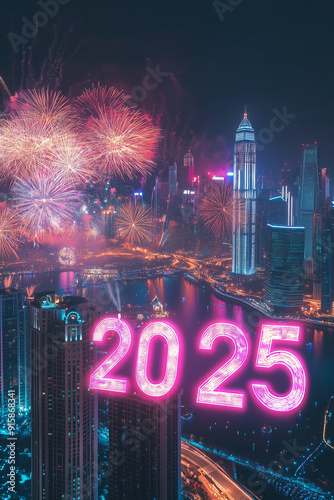 fireworks above huge buildings solitaries with firework shape 2025 photo