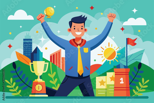 A young man celebrates his championship win with joy, holding a trophy and displaying excitement at an outdoor event surrounded by vibrant scenery