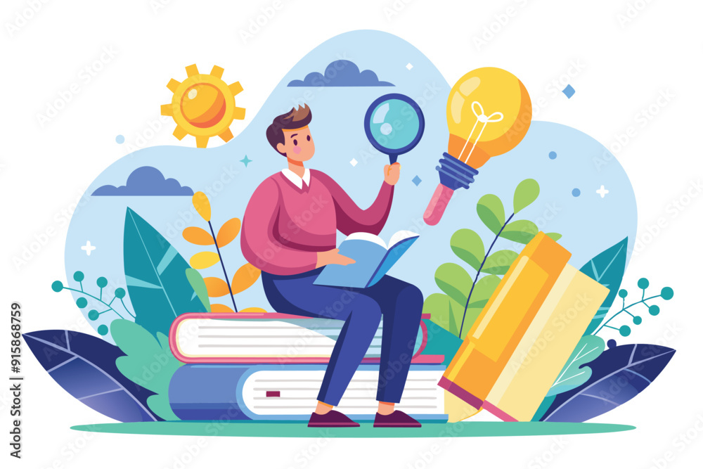 custom made wallpaper toronto digitalA man sits on stacked books, holding a magnifying glass and pondering new ideas beneath a sunny sky surrounded by plants