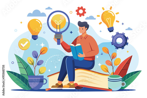 A man examines a book, holding a light bulb, while surrounded by symbols of creativity and growth in a colorful, imaginative setting