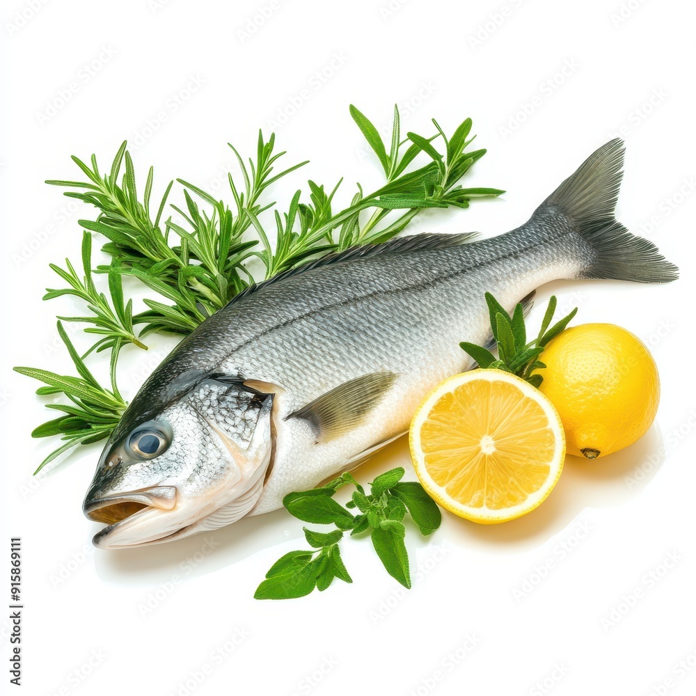 Fresh sea bass garnished with herbs and lemon on a bright background Fresh sea bass garnished with herbs and lemon on a bright background