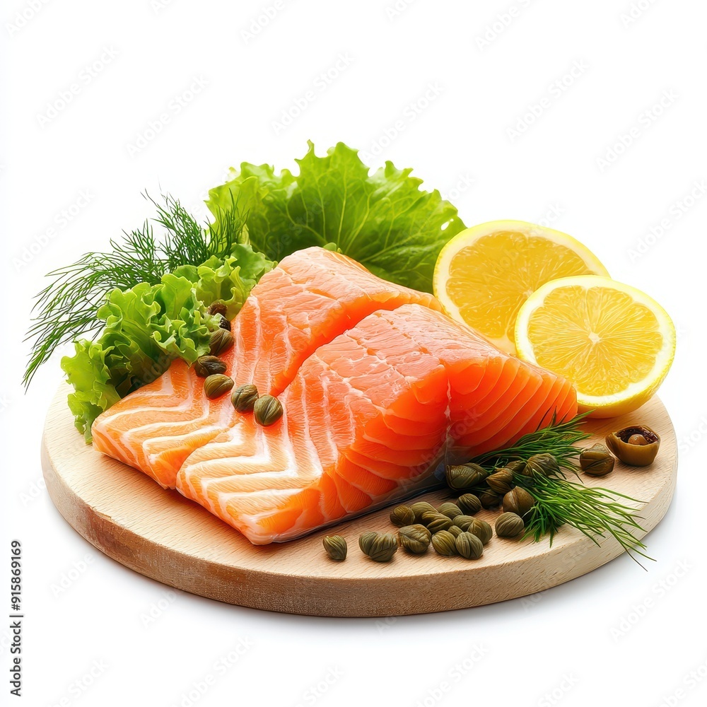 Fresh smoked salmon garnished with capers and dill on a wooden platter Fresh smoked salmon garnished with capers and dill on a wooden platter