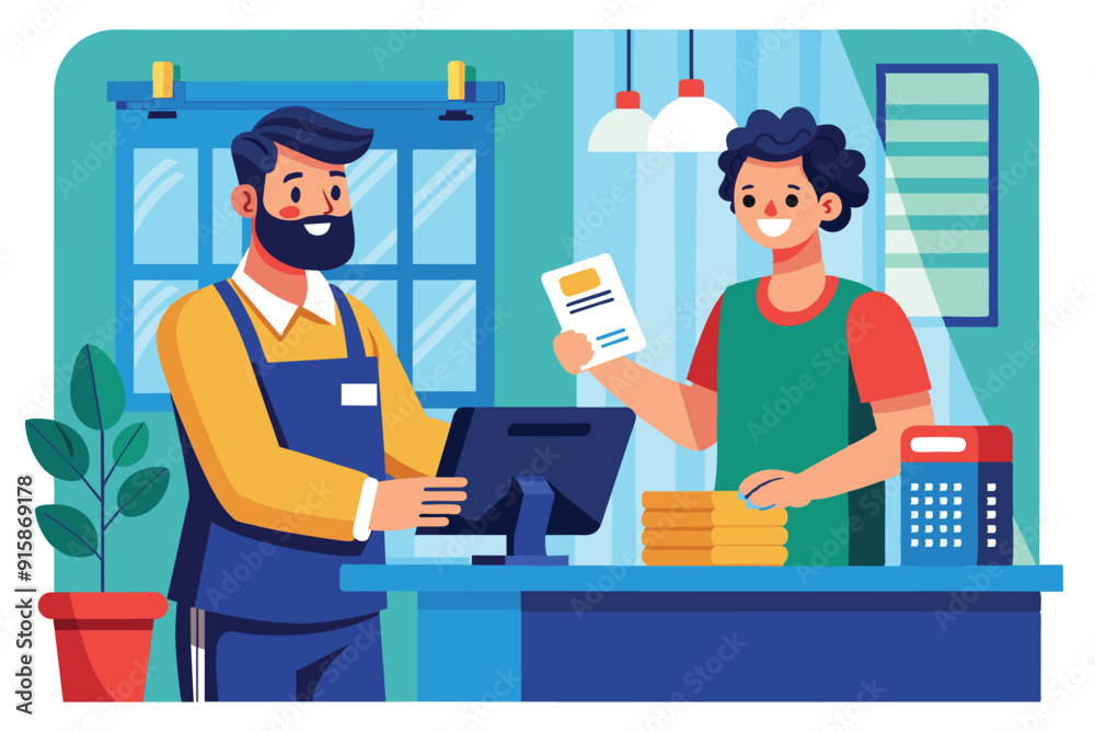 A man completes his purchase by scanning a barcode at the checkout counter while the cashier assists him A man completes his purchase by scanning a barcode at the checkout counter while the cashier assists him