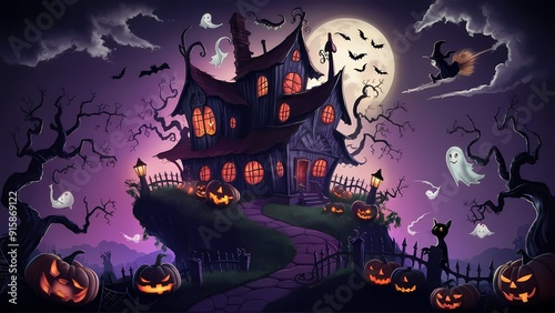 an enchanting Halloween scene with a haunted house on a hill, glowing jack-o'-lanterns, twisted trees, playful ghosts, a full moon, a witch on a broomstick, and eerie yet vibrant colors photo