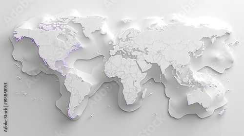 A graphic image of a world map outlines in style of minimal white. Generative AI. #915869153