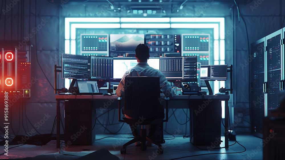 A male IT worker sits at his desk in front of computer monitors and looking computer screen, seen from behind and looking over the of an AI system that processes data on monitor displaying code
A male IT worker sits at his desk in front of computer monitors and looking computer screen, seen from behind and looking over the of an AI system that processes data on monitor displaying code