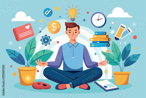 A man sits cross-legged, meditating while reflecting on work and finance amidst plants and colorful icons representing money and productivity