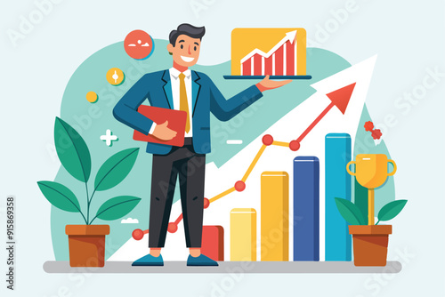 A man in a suit holds growth charts while standing in front of colorful data visuals, symbolizing success and progress in a professional setting
