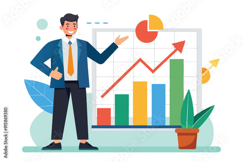 A man confidently presents growth charts, highlighting increasing trends and data insights during a business meeting in a contemporary office