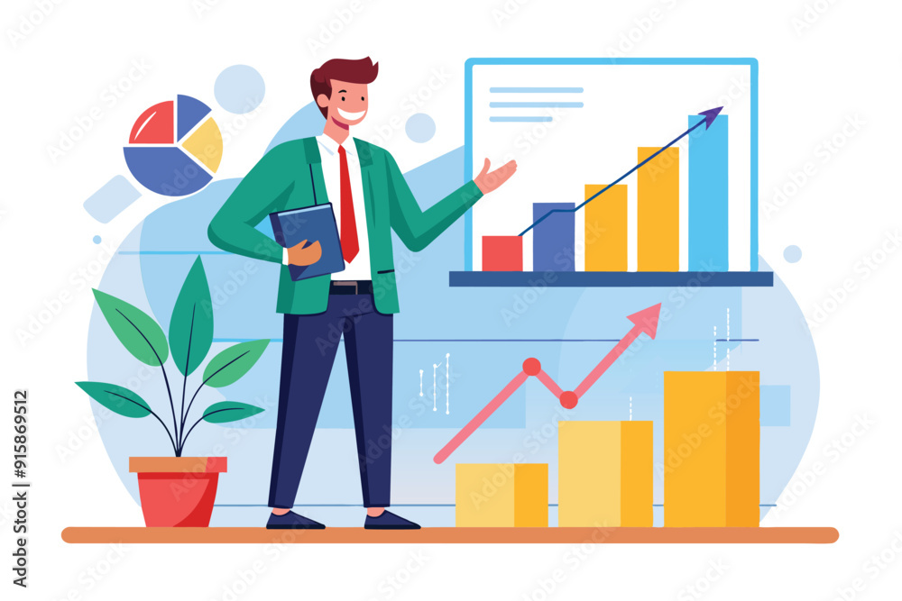 A man enthusiastically presents growth charts, showcasing positive trends in a contemporary office environment filled with greenery A man enthusiastically presents growth charts, showcasing positive trends in a contemporary office environment filled with greenery