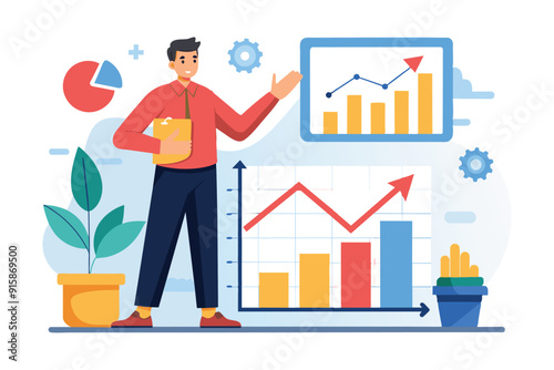 A man is presenting growth charts while standing in a bright office, highlighting important trends with confident gestures