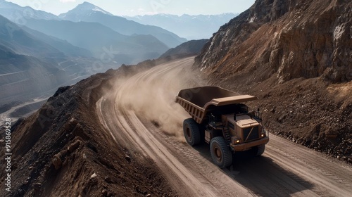 Vast openpit copper mine with terraced layers, massive haul trucks, earth movers, and dusty roads, Created with Generative AI. photo