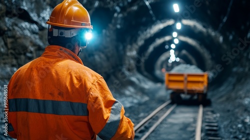 Exploring dark tunnels of an underground gold mine, miners use headlamps and drilling equipment amid ore carts, Created with Generative AI. photo