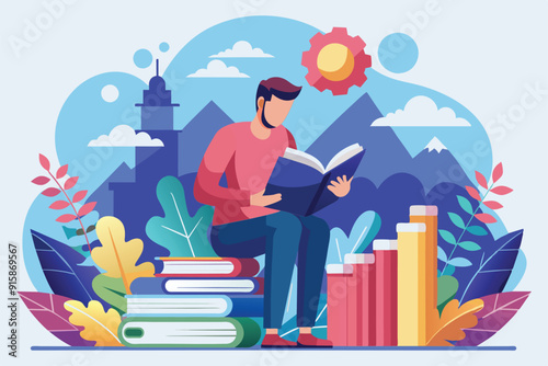 A man sits on a stack of books, deeply focused on reading while surrounded by vibrant leaves and a beautiful mountain backdrop