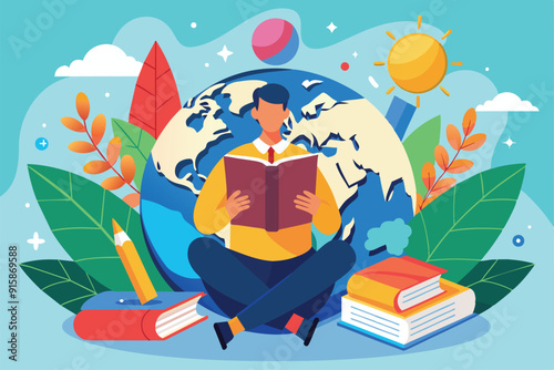 A man sits cross-legged, deeply focused on reading a book amidst colorful representations of global education and nature