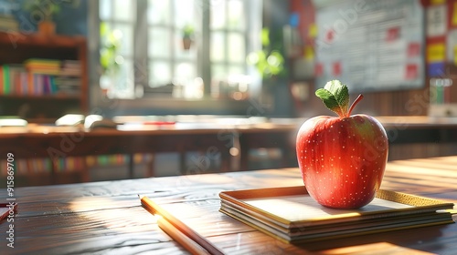 Few books and red apple placed on a table with a beam of sunlight