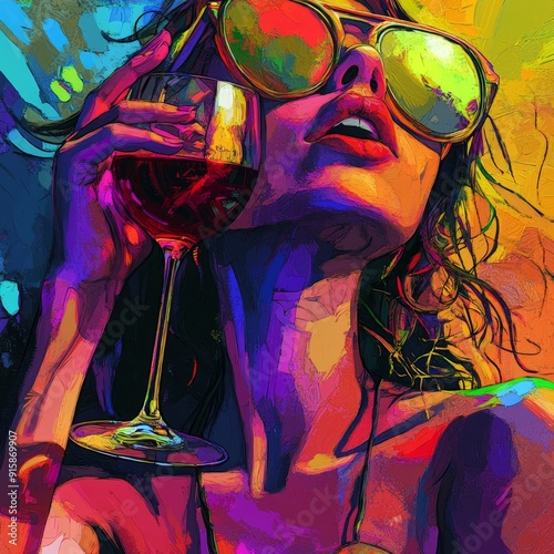 Contemplative wine drinker with exaggerated features  a fauvist caricature in high definition