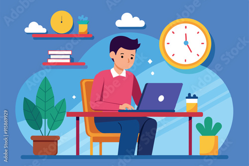 A young man is focused on his laptop while seated at a desk adorned with a clock and plants, creating a vibrant workspace atmosphere