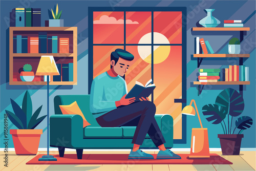 A man sits comfortably on a couch, absorbed in a book as the sun sets, casting warm light through the window in a cozy living room