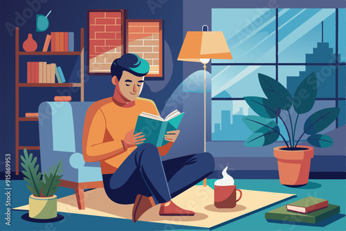 A man sits comfortably in his living room, absorbed in a book, with a warm drink by his side, illuminated by a soft lamp in the evening light