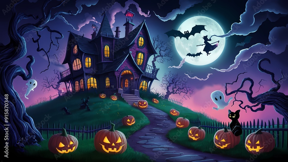 an enchanting Halloween scene with a haunted house on a hill, glowing jack-o'-lanterns, twisted trees, playful ghosts, a full moon, a witch on a broomstick, and eerie yet vibrant colors an enchanting Halloween scene with a haunted house on a hill, glowing jack-o'-lanterns, twisted trees, playful ghosts, a full moon, a witch on a broomstick, and eerie yet vibrant colors