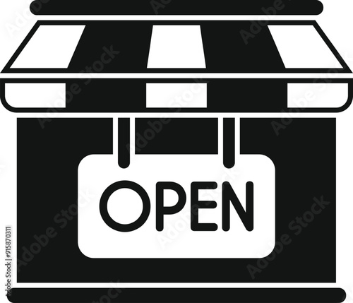 Simple icon of a small business storefront facade with striped awning and open sign hanging