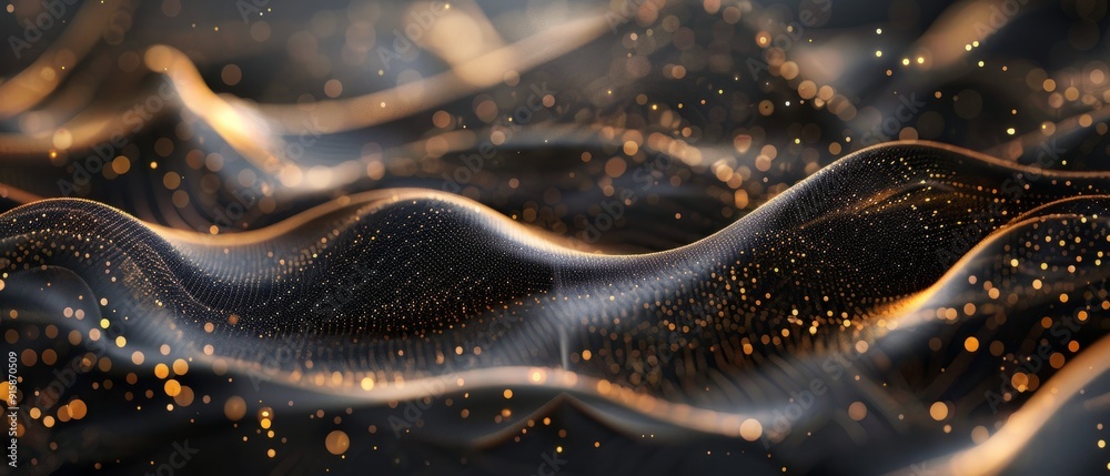Abstract wavy black surface with golden light dots resembling a shimmering night sky Abstract wavy black surface with golden light dots resembling a shimmering night sky