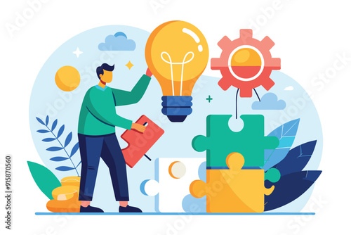 A man creatively arranges puzzle pieces while a glowing light bulb symbolizes innovative ideas in a vibrant workspace