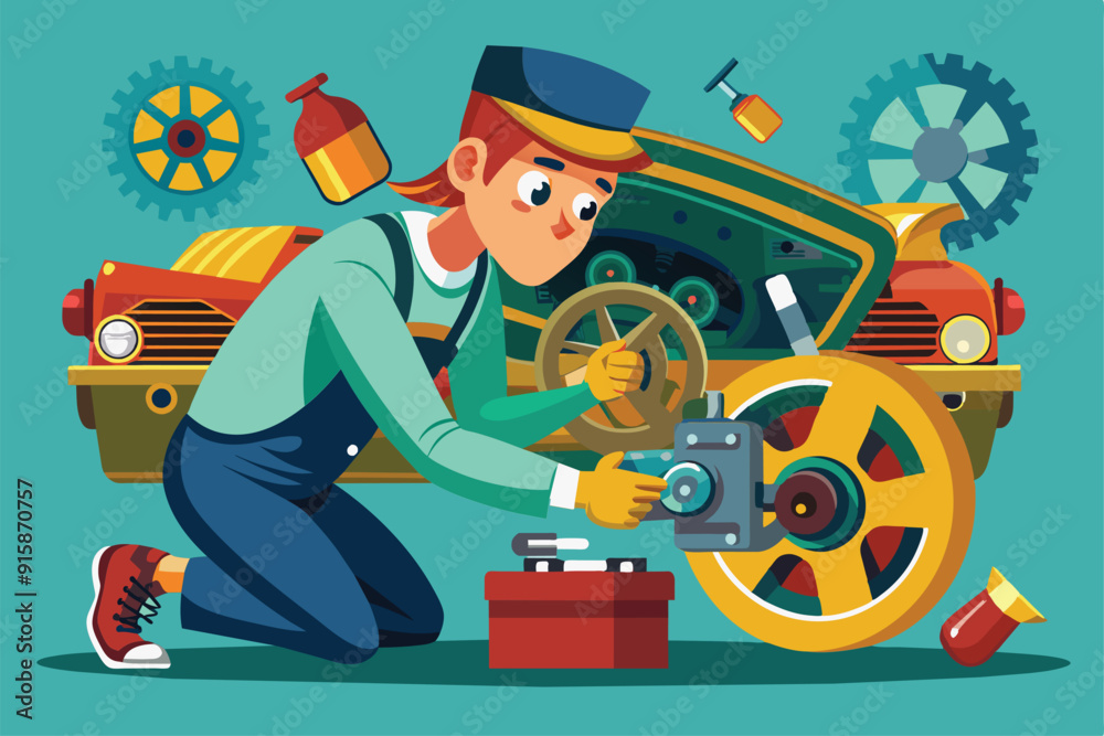 Obraz premium A mechanic inspects engine components and assesses damage on a classic car in a well-lit workshop, surrounded by tools and car parts