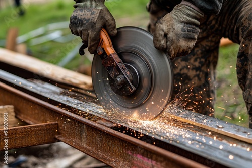 man in camo jacket and grey gloves using an angle pallate to cut metal beam