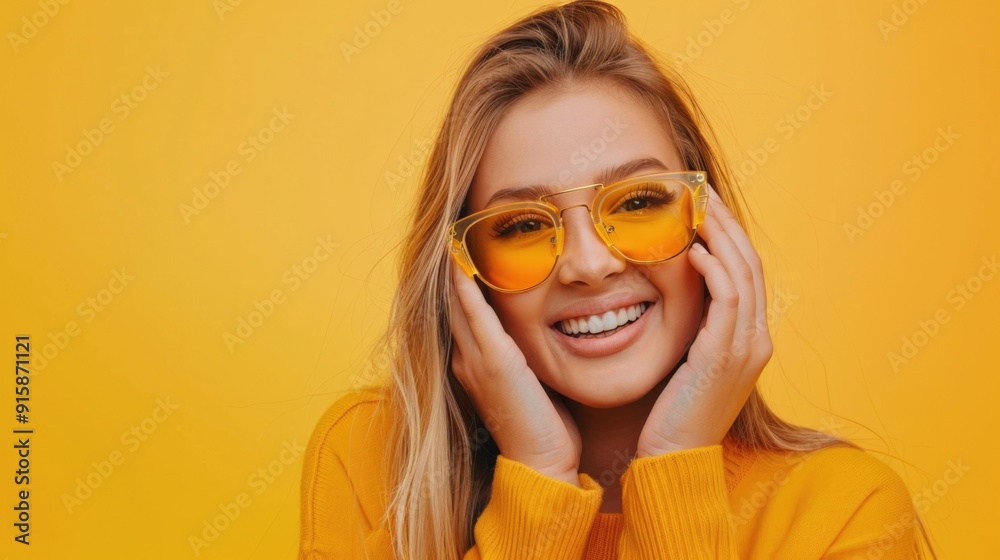 A woman wearing a bright yellow sweater and matching glasses, likely outdoors A woman wearing a bright yellow sweater and matching glasses, likely outdoors