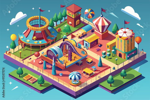 The amusement park is bustling with activity, showcasing various rides, games, and attractions, all set against a clear blue sky