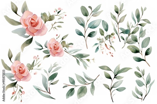 Watercolor floral elements with pink roses and green leaves.