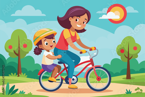 A mother enjoys a bike ride while assisting her child, both smiling happily amidst a vibrant park landscape with trees and sunshine