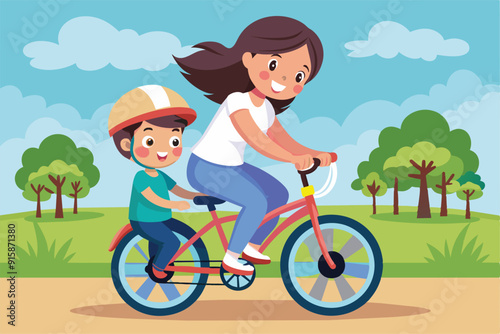 A mother happily guides her child riding a bicycle in the park, surrounded by green trees and a clear blue sky