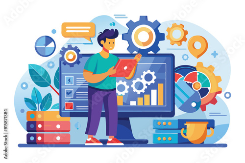 A professional analyzes data metrics on a computer while surrounded by graphical representations of gears and charts, focusing on system maintenance and improvement