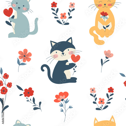 Seamless Pattern with cute cats and flowers. Vector illustration for for Textile, Stationery, animal product design