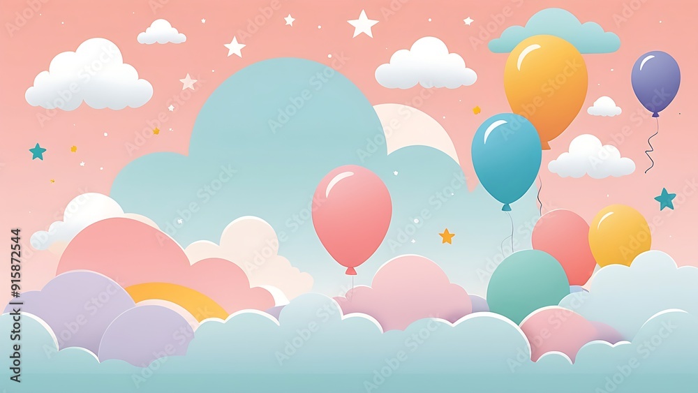 Hot air balloons float among clouds, stars, trees, hills, and a white circle. Perfect for travel, adventure, dreamy concepts. Hot air balloons float among clouds, stars, trees, hills, and a white circle. Perfect for travel, adventure, dreamy concepts.